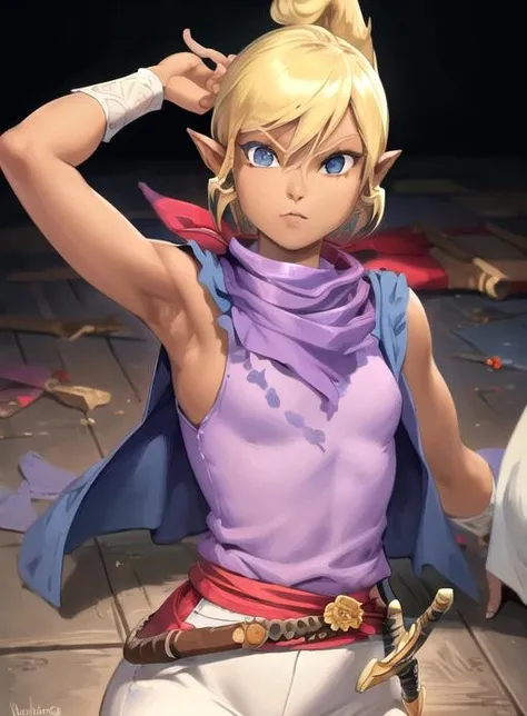 best quality, (masterpiece:1.5),(ultra-detailed), (high quality:1.3), (high resolution), pointy ears, tetra,short hair, blonde hair, dark skin, blue eyes, neckerchief, short hair, purple shirt , vest, <lora:tetra:0.7>, sword,