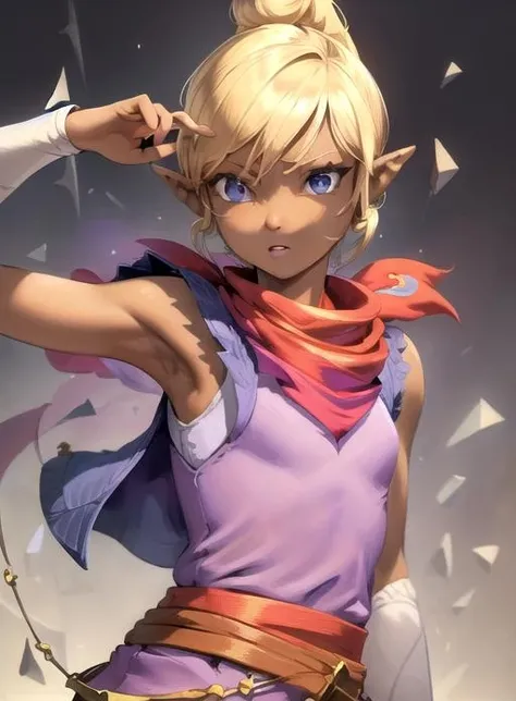 best quality, (masterpiece:1.5),(ultra-detailed), (high quality:1.3), (high resolution), pointy ears, tetra,short hair, blonde hair, dark skin,  blue eyes, neckerchief, short hair, purple shirt , vest, <lora:tetra:0.7>