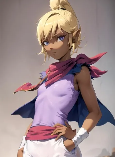 best quality, (masterpiece:1.5),(ultra-detailed), (high quality:1.3), (high resolution), pointy ears, tetra,short hair, blonde hair, dark skin, blue eyes, neckerchief, short hair, purple shirt , vest, <lora:tetra:0.7>