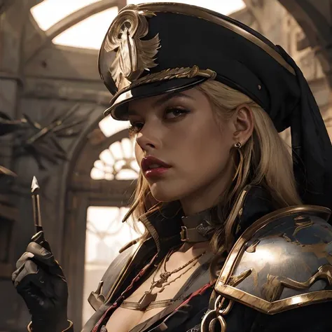 (masterpiece:1.2), (best quality,:1.2), 8k, ultra detailed, ((photorealistic)), professional light, cinematic lighting, fashion photography, ambient lighting, face lighting, Bridgette, <lora:Bridgette:1>, ((cowboy shot)), necklace, circlet, choker, earrings, dark makeup, dark lipstick, dynamic pose, long and messy wild blonde hair, as Warhammer 40k rogue trader, detailed hands, intricate armor, embroidered cape, <lora:warhammer40commissarv2:1>, warhammer_40k_commissar