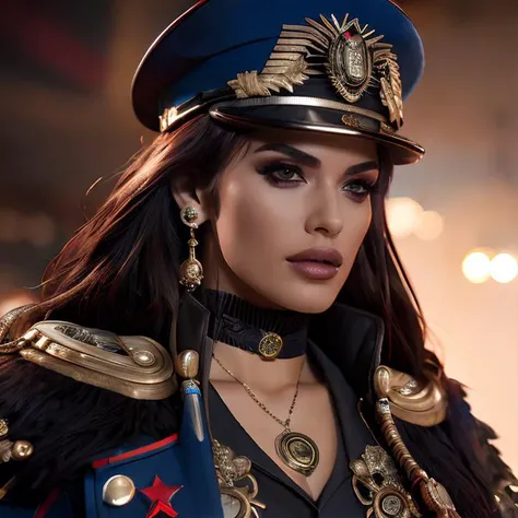 (masterpiece:1.2), (best quality,:1.2), 8k, HDR, ultra detailed, ((photorealistic)), professional light, cinematic lighting, fashion photography, ambient lighting, face lighting, Gemma, <lora:Gemma-10:1>, dynamic pose, earrings, dark makeup, choker, necklace, ((upper body shot)), <lora:detail_slider_v4:3>, OverallDetail, ffhanddetail, ffacedetail, as warhammer commissar, <lora:warhammer40commissarv2:1>, warhammer_40k_commissar, black uniform