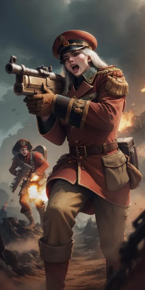<lora:warhammer40k_v10:1>     commissar warhammer 40K commissar   [  aiming   :   muddy landscape below burning sky :    screaming  , 0.1 , 0.8 : bezier] 
[: detailed face : 0.9]
