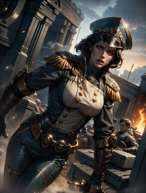 ((best quality)), ((masterpiece)), ((realistic)), (detailed), (((action shot))), (((dutch angle shot))), perfect lighting, subsurface scattering, volumetric lighting, (photorealistic:1.2),
standing on a battlefield, waterloo, napoleonic wars, war background, army, soldiers, cannon fire, explosions, dark sky, smoke, <lora:add_detail:0.45> <lora:LowRA:0.25>
AND ((warhammer 40k commissar)), attractive woman, black hair, dark lipstick, mature, (military woman), (((angry))), shouting orders, grim face, determined, perfect face, detailed face, detailed eyes, goth makeup, symmetric eyes, skin pores, skin texture, freckles, ((scars)), ((looking to the side)), side sideways glance,
(((action pose))), tall stature, proud stature, pointing at viewer, (((sword in hand))),
epaulets, detailed outfit, clothing details, detailed fabric texture, exquisite,
AND warhammer 40k imperial guardsman