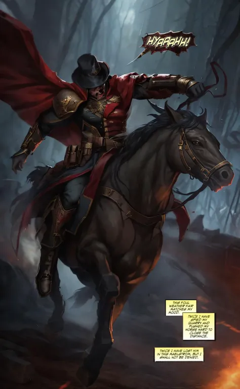 rain pouring , wet dirt road , hat shrouded garth riding on the back of a horse , rainy thunder , billowing cloak <lora:warhammer40k_v10:0.7>