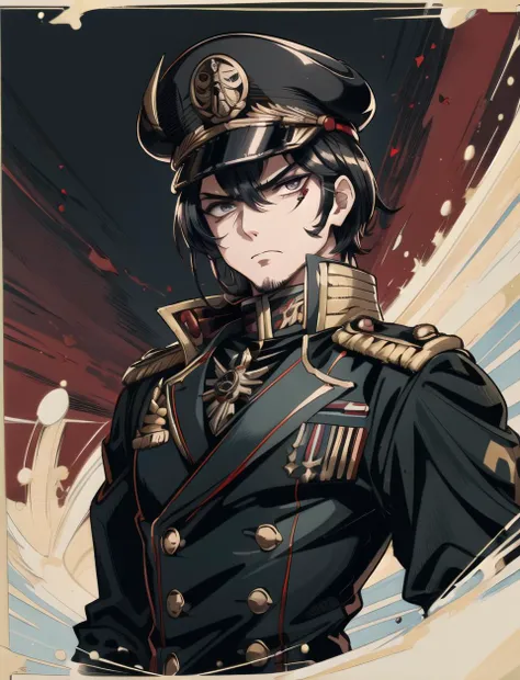 warhammer_40k_commissar,((masterpiece)), (best quality), (detailed), black uniform, mascara, eyeliner, eye shadow, upper body, lipstick, 1boy, 1man, propaganda poster, angry, stubble,
 <lora:warhammer40commissarv2:0.4> <lora:add_detail:0.5> <lora:beautifulDetailedEyes_v10:0.6>, (8k uhd, masterpiece, best quality, high quality, absurdres, ultra-detailed)