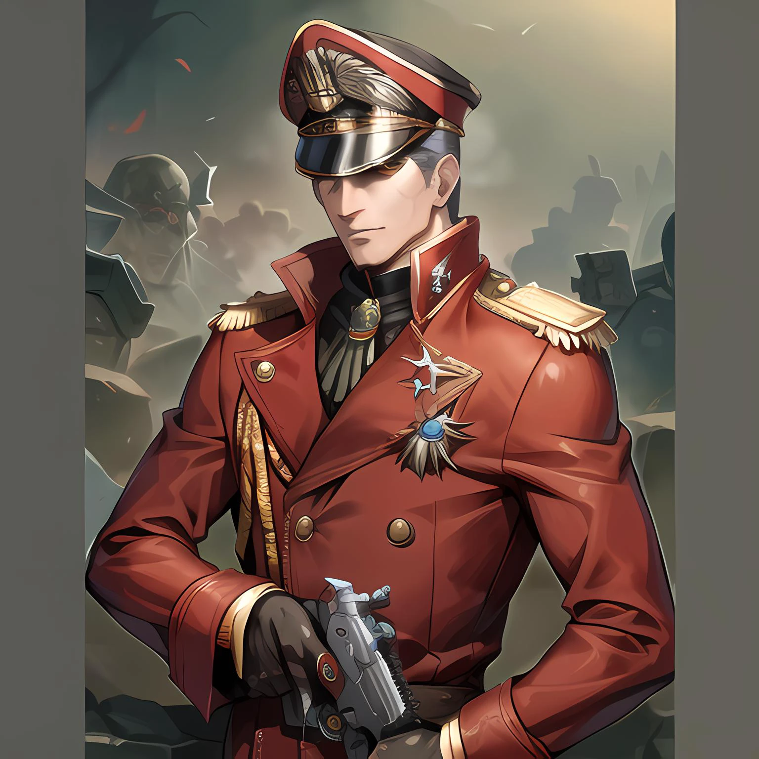 (masterpiece), best quality, photorealistic, warhammer 40k commissar, red trenchcoat, war medals, pistol, handgun, (boltpistol:1.4) <lora:warhammer40k_v10:1>