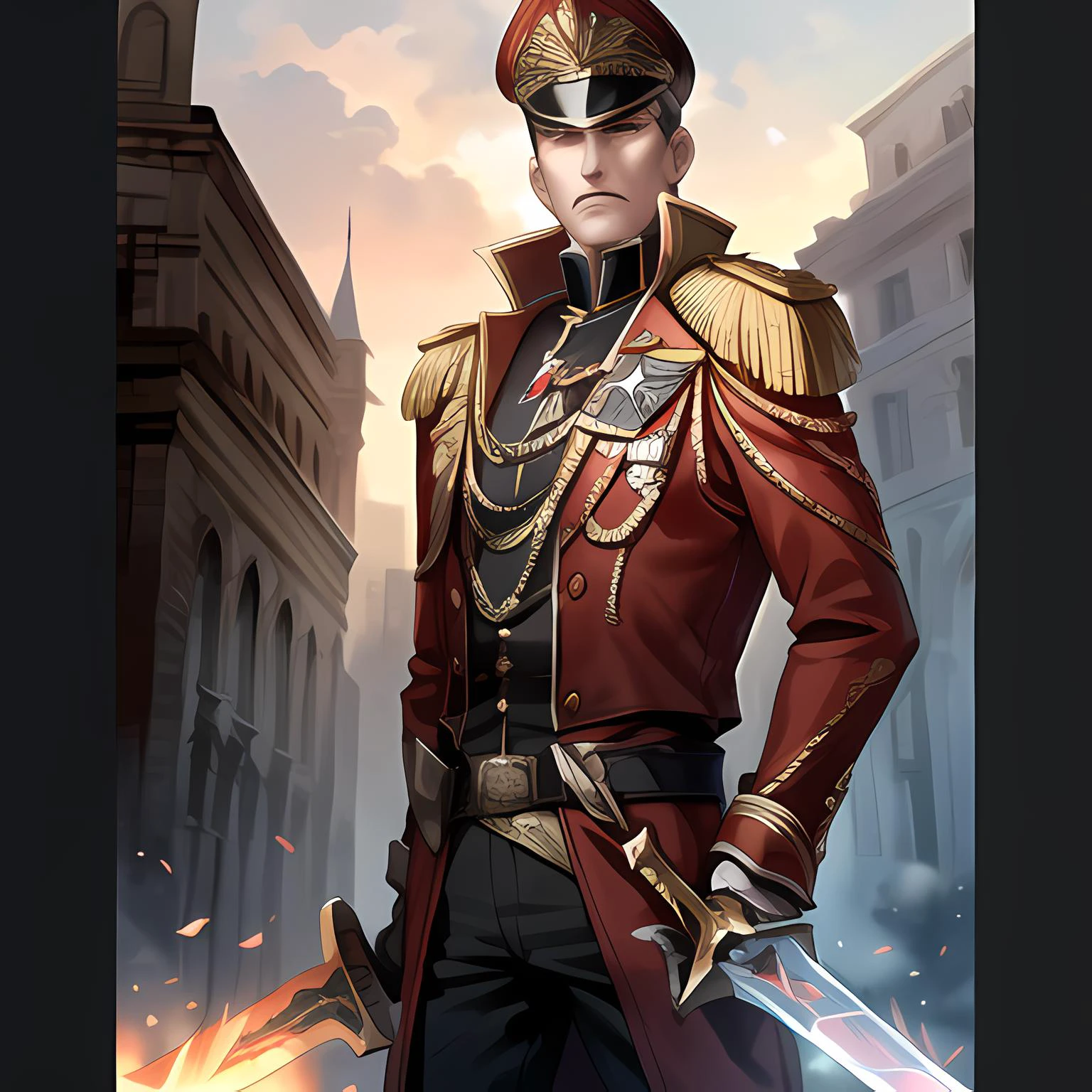 (masterpiece:1.4), best quality, realistic, warhammer 40k commissar, (setting: destroyed planet), red trenchcoat, war medals, sword, (power sword:1.6) <lora:warhammer40k_v10:1>