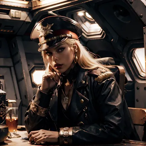 (masterpiece:1.2), (best quality,:1.2), 8k, ultra detailed, ((photorealistic)), professional light, cinematic lighting, fashion photography, ambient lighting, face lighting, Bridgette, <lora:Bridgette:1>, ((cowboy shot)), necklace, circlet, choker, earrings, dark makeup, dark lipstick, dynamic pose, long and messy wild blonde hair, as Warhammer 40k sharpshooter, detailed hands, intricate black leather coat, embroidered cape, <lora:warhammer40commissarv2:1>, warhammer_40k_commissar, on the bridge of a spaceship