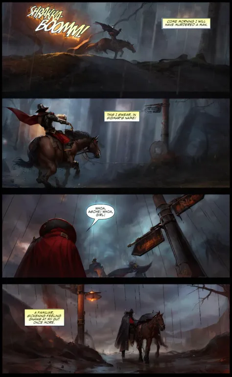 rain pouring , wet dirt road , hat shrouded garth riding on the back of a horse , rainy thunder , billowing cloak <lora:warhammer40k_v10:0.7>