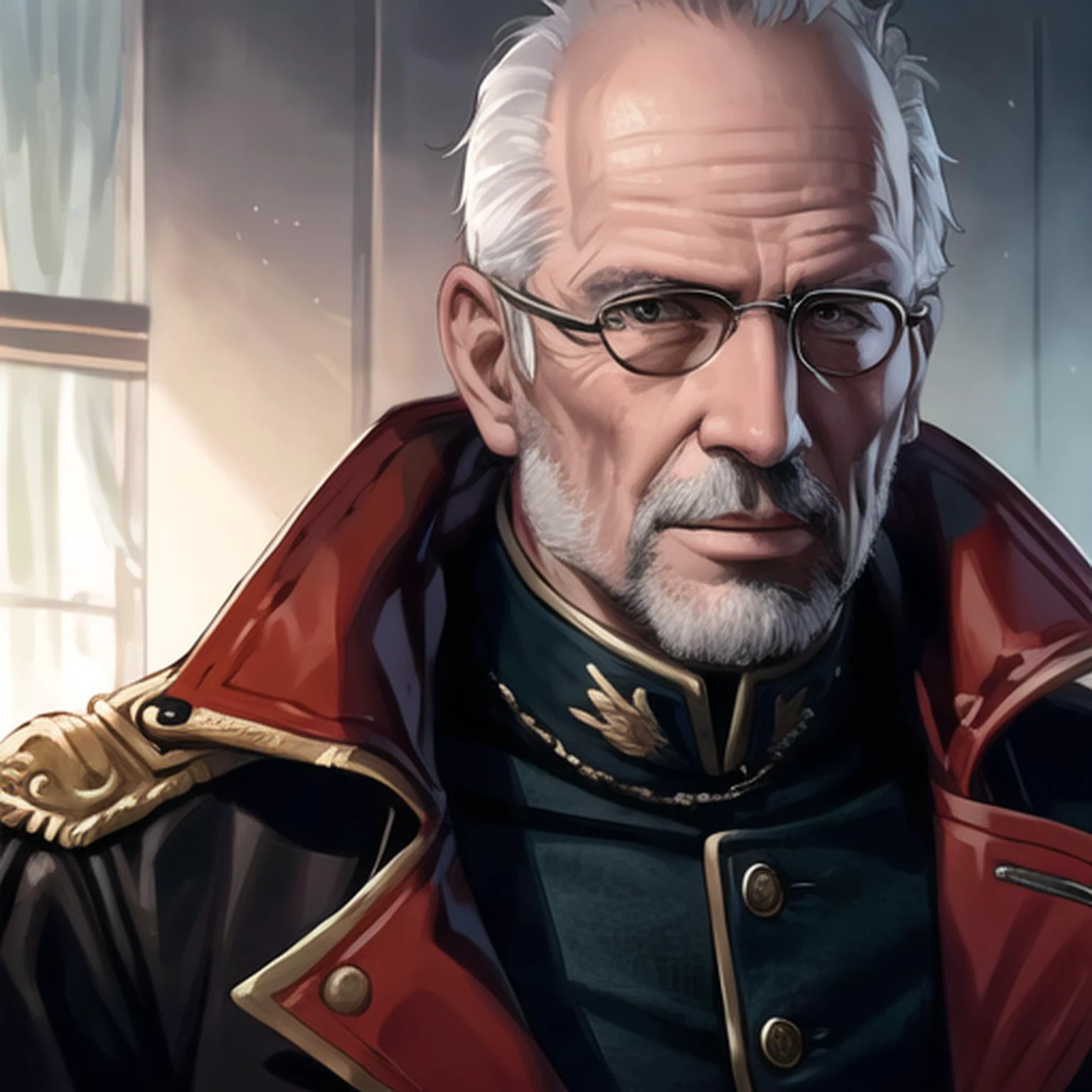 (masterpiece:1.4), best quality, (realistic:1.2), warhammer 40k commissar, (setting: destroyed planet), close up, black trenchcoat, old guy, balding, gray hair <lora:warhammer40k_v10:1>