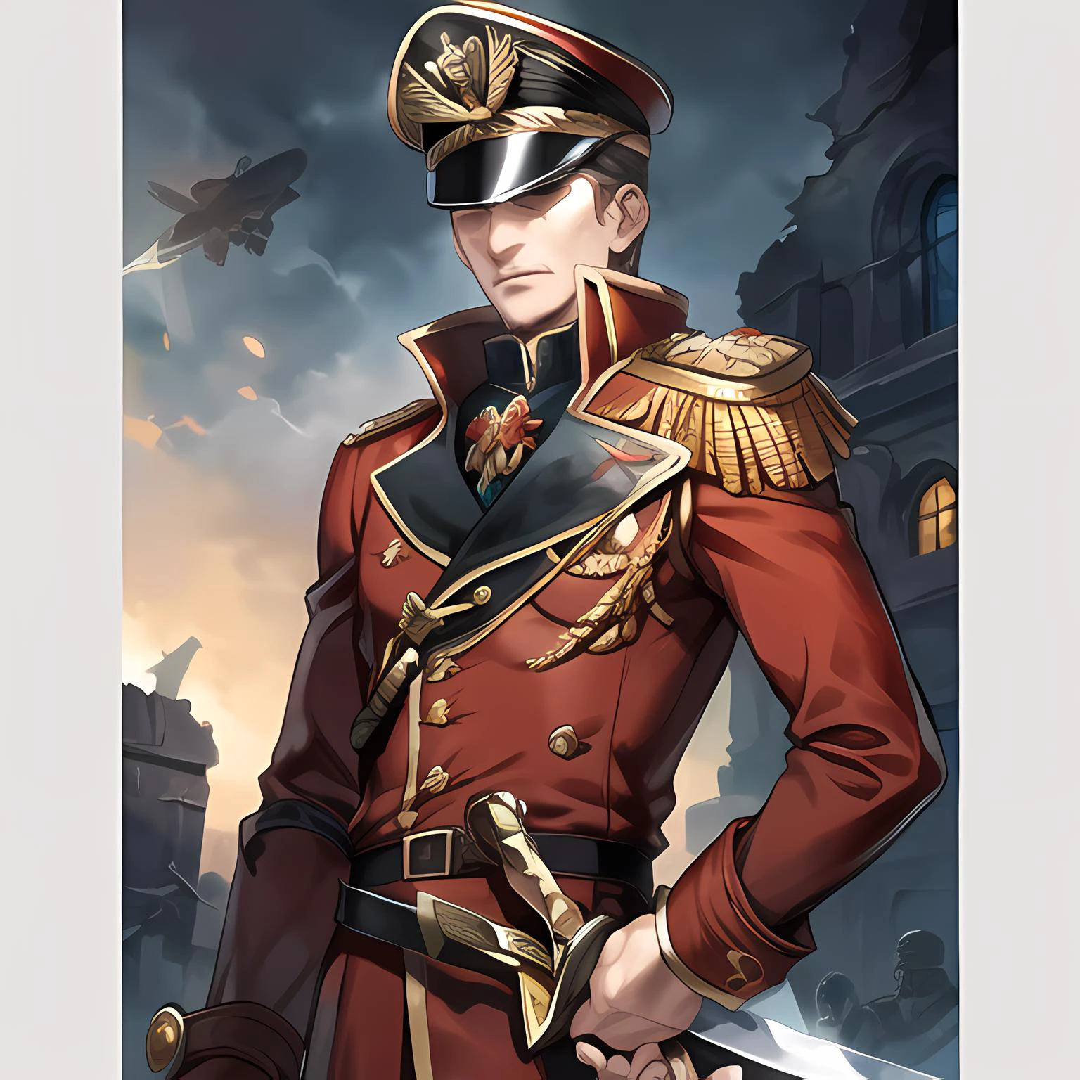 (masterpiece:1.4), best quality, realistic, warhammer 40k commissar, (setting: destroyed planet), red trenchcoat, war medals, sword, (power sword:1.6) <lora:warhammer40k_v10:1>