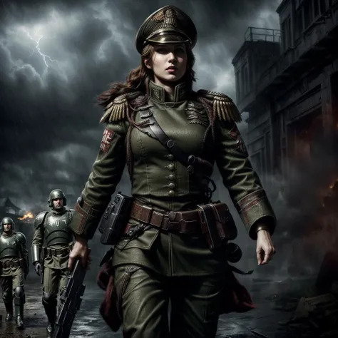 a woman in a steampunk military uniform is ready to fight in a battlefield, surrounded by threatening surreal figures.