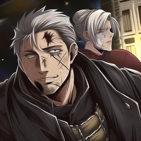 (masterpiece: 1.4), best quality, warhammer 40k commissar, 1woman, multiple people in the background, old woman, mature, white hair, hair bun, (face wrinkles:1.1), smug, (eye scar:1.3), detailed background, (setting: spacehulk:1.4) <lora:warhammer40k_v10:1>