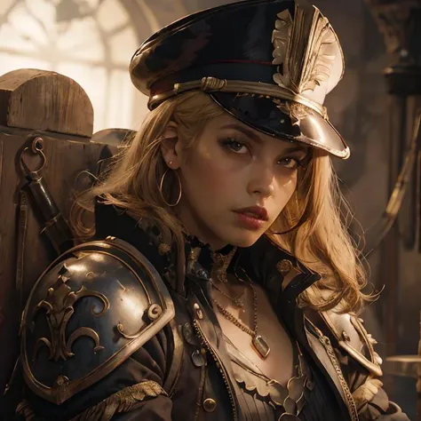(masterpiece:1.2), (best quality,:1.2), 8k, ultra detailed, ((photorealistic)), professional light, cinematic lighting, fashion photography, ambient lighting, face lighting, Bridgette, <lora:Bridgette:1>, ((cowboy shot)), necklace, circlet, choker, earrings, dark makeup, dark lipstick, dynamic pose, long and messy wild blonde hair, as Warhammer 40k rogue trader, detailed hands, intricate armor, embroidered cape, <lora:warhammer40commissarv2:1>, warhammer_40k_commissar