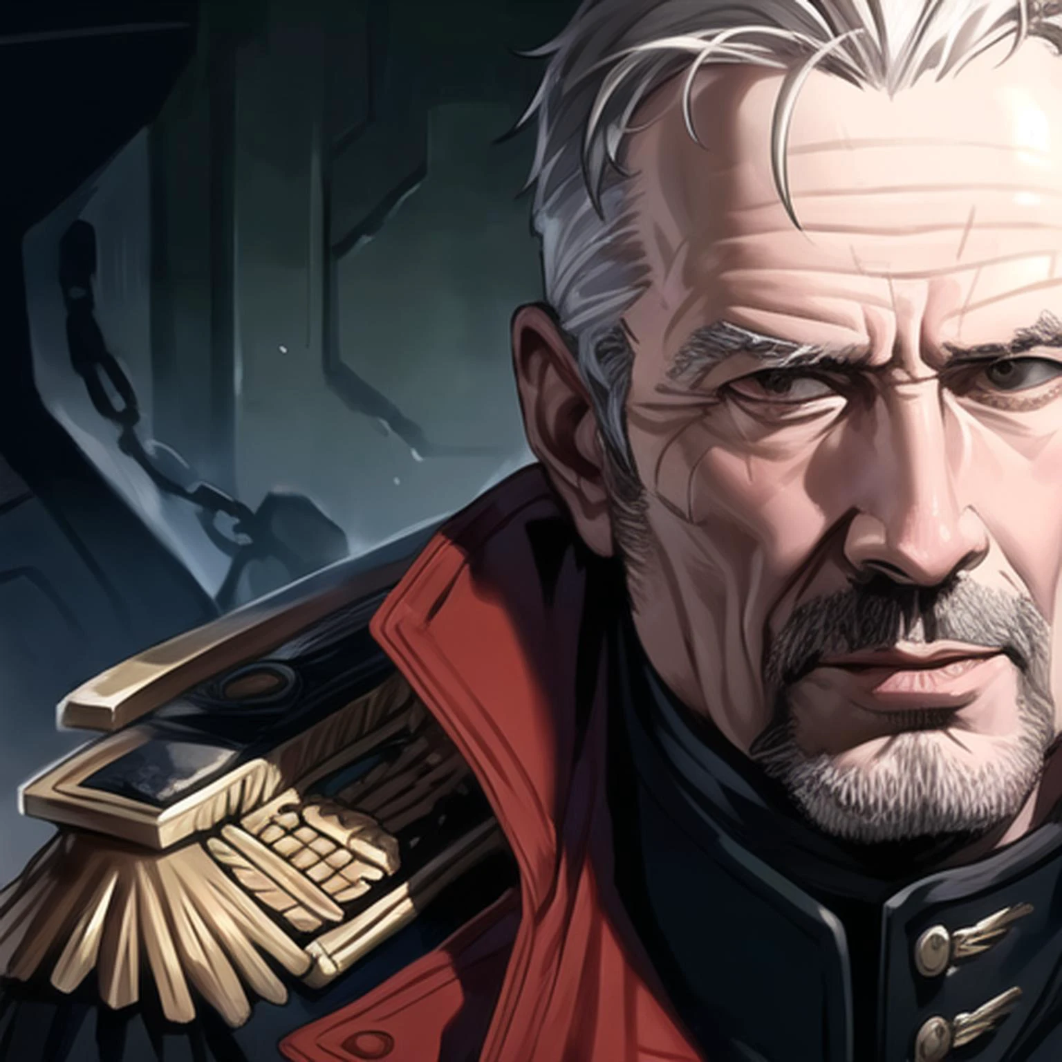 (masterpiece:1.4), best quality, (realistic:1.2), warhammer 40k commissar, (setting: destroyed planet), close up, black trenchcoat, old guy, balding, gray hair <lora:warhammer40k_v10:1>