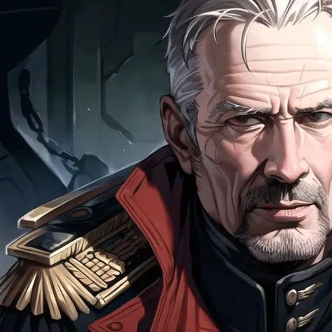 (masterpiece:1.4), best quality, (realistic:1.2), warhammer 40k commissar, (setting: destroyed planet), close up, black trenchcoat, old guy, balding, gray hair  <lora:warhammer40k_v10:1>