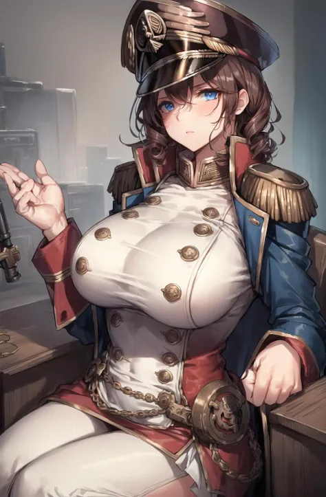 <lora:warhammer 40k commissar:1>, warhammer 40k commissar, short curly brown ringlet hair, blue eyes, big breasts, motherly face, white uniform