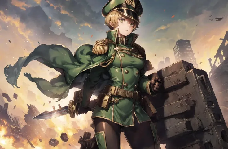 <lora:chie:0.6>, <lora:warhammer 40k commissar:1>, chie, warhammer 40k commissar, green uniform, battlefield, artillery, holding sword, ruined city, small breasts