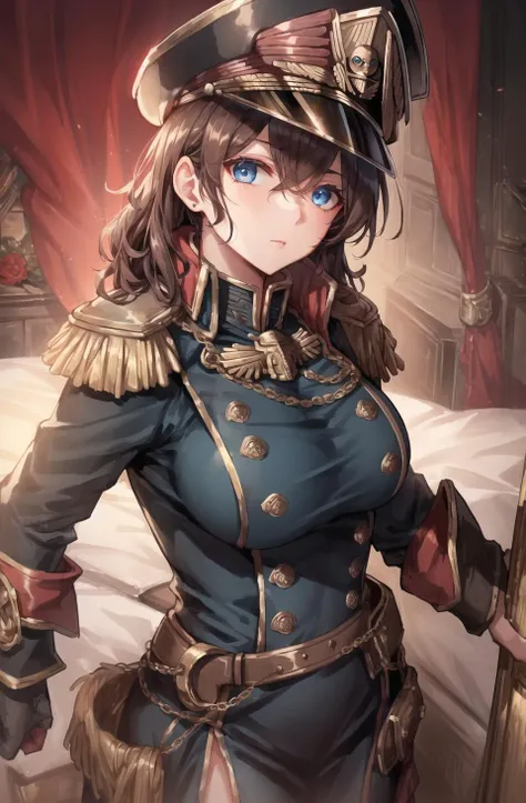 <lora:warhammer 40k commissar:1>, warhammer 40k commissar, short curly brown ringlet hair, blue eyes, medium breasts, motherly face