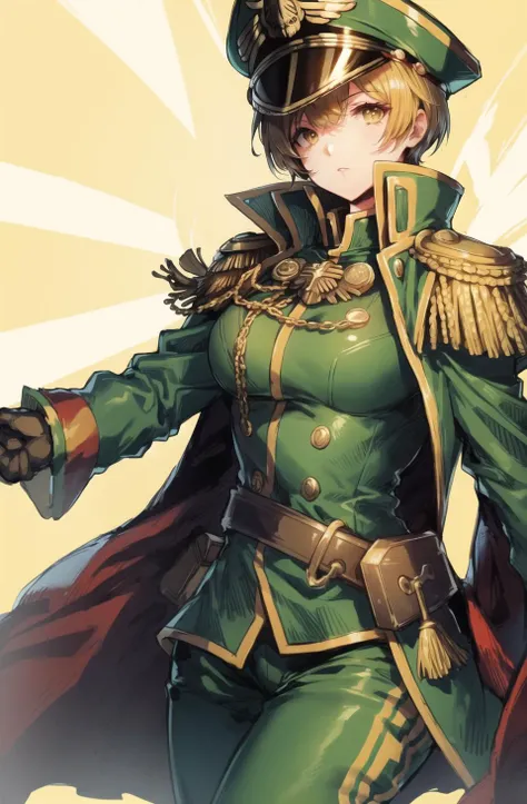 <lora:chie:0.6>, <lora:warhammer 40k commissar:1>, chie, warhammer 40k commissar, green uniform,