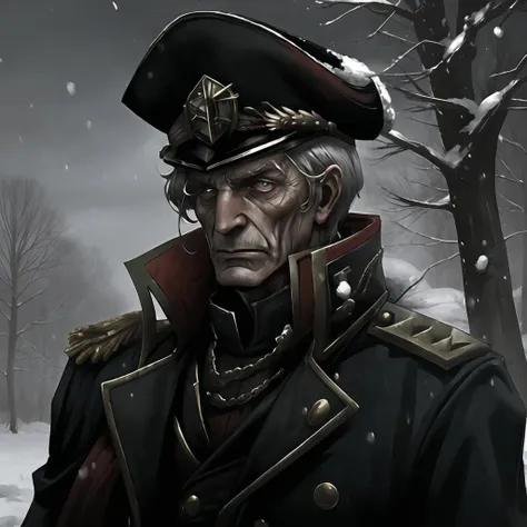 warhammer_40k_commissar, man, black uniform, ((snowstorm)) forest, red sash, ((old, wrinkles, eyebags)) AS-Elderly, noble, vampire man, scars, old man, very old man
