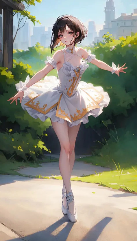 ((((ultra illustrated style:1.0)))),best quality,best animated,masterpiece,ray tracing, global illumination,tutu, 1girl, solo, looking at viewer, standing, full body, outdoors, <lora:ballet:0.9>