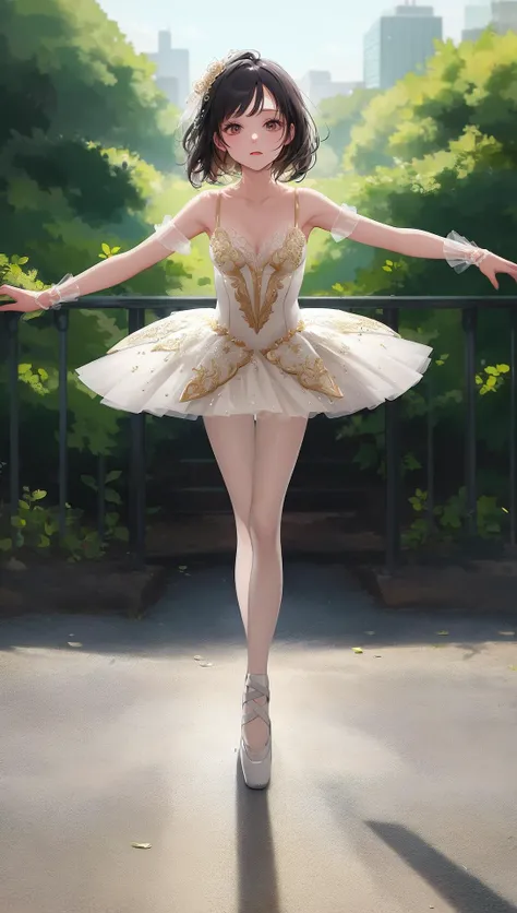 ((((ultra illustrated style:1.0)))),best quality,best animated,masterpiece,ray tracing, global illumination,tutu, 1girl, solo, looking at viewer, standing, full body, outdoors,  <lora:ballet:0.9>