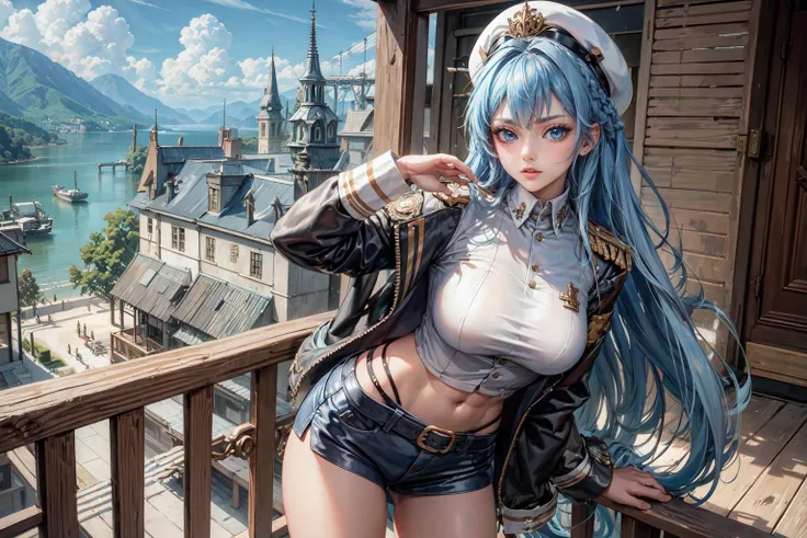 absurdres, (best quality), (masterpiece),(ultra-detailed:1.2),(highres),elaborate, (wide shot,1girl, solo, fantastic scenery,:1.3)
<lora:helmV1:0.4>, helm, blue eyes, blue hair, long hair, bangs, hair intakes, military hat, hairband, breasts, large breasts, <lora:edgAsianc:0.7>, leather jacket, miniskirt, midriff, abs, outside, clock tower, candid modelshoot style,
<lora:anime_minimalist_v1:-0.2>,
<lora:flat2:-0.5>,