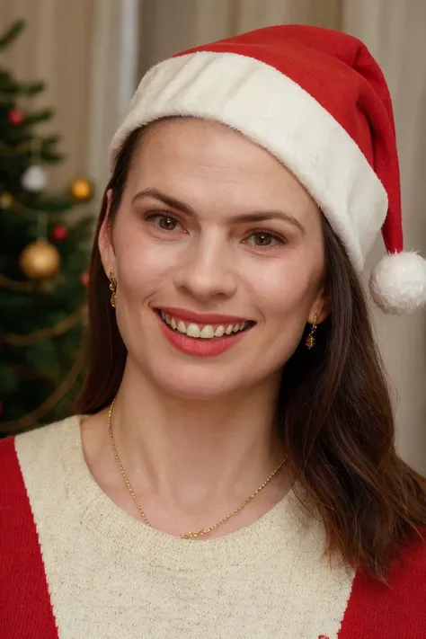 face, woman, red ugly sweater, Santa hat, cozy room, Christmas, sweet smile, soft colors, (high detailed skin:1.1) <lora:hayley_atwell_lora_v01:1> haywell