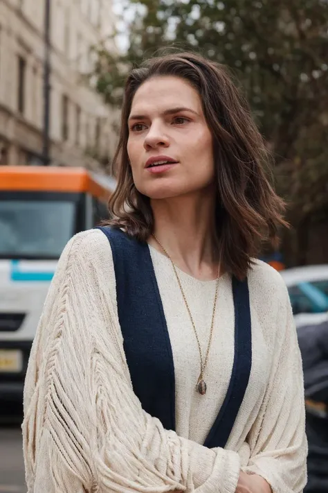 face, woman, hippie outfit, messy hair, slum background, drunk expression, soft colors, (high detailed skin:1.1) <lora:hayley_atwell_lora_v01:1> haywell