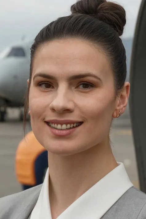 face, woman, stewardess, inside a plane background, smirk, hair bun, soft colors, (high detailed skin:1.1) <lora:hayley_atwell_lora_v01:1> haywell