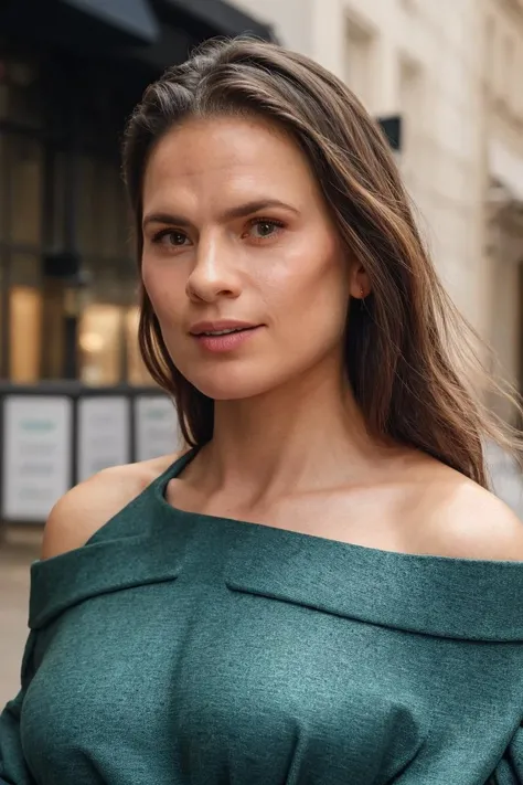 face closeup, woman, emerald off-shoulder sweater, London background, soft colors, (high detailed skin:1.1) <lora:hayley_atwell_lora_v01:1> haywell