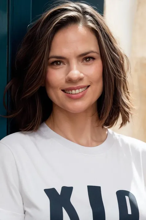 face, woman, graphic tee, doorway background, bob cut, smile, soft colors, (high detailed skin:1.1) <lora:hayley_atwell_lora_v01:1> haywell