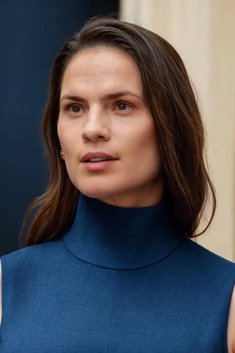 face closeup, woman, blue turtleneck dress, sleeveless, London background, soft colors, (high detailed skin:1.1) <lora:hayley_atwell_lora_v01:1> haywell