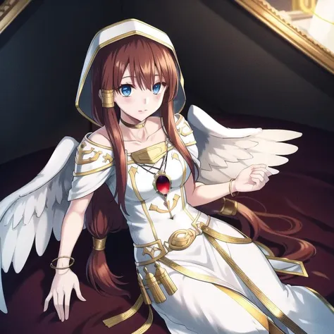 a woman in a white dress with wings and a red heart