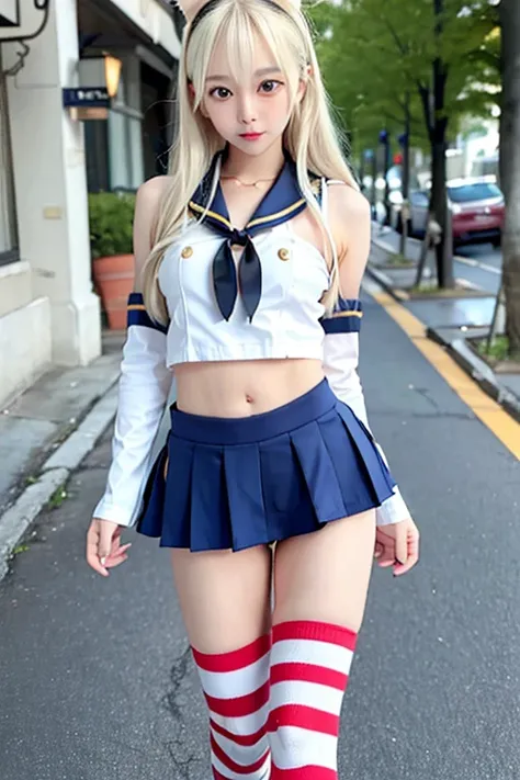 shimakaze \(kancolle\), <lora:Korean-doll-likeness:0.3> , (pureerosface_v1:0.9), realistic, (photorealistic:1.3), <lora:shimakazeKancolle_v11:0.75>, ((from below)),sailor collar, crop top, neckerchief, microskirt, pleated skirt, highleg panties, black panties, striped thighhighs, rabbit ears, elbow gloves, boots, bare shoulders,in public, streets, masterpiece, best quality, highly detailed, standing,middle breasts,