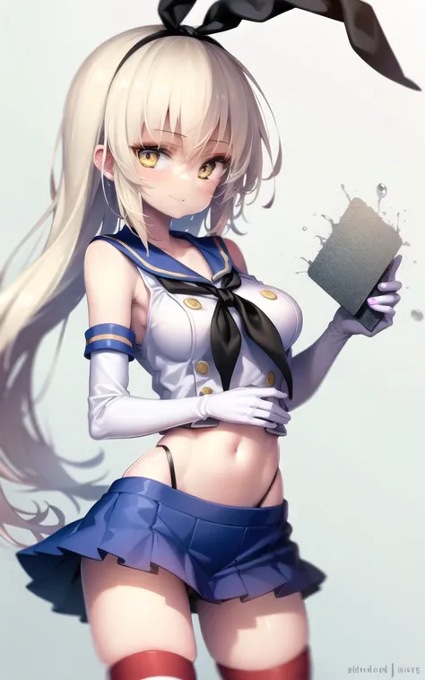 shimakaze, 1girl, blonde hair, striped thighhighs, microskirt, anchor hair ornament, cowboy shot, holding, robot,
<lora:shimakaze_v1.31:0.5>,
<lora:hongbsws_v1.3:1>,, masterpiece, best quality, highly detailed