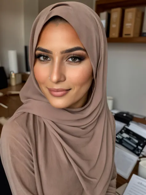 pakistani hijabi woman, hij4b <lora:hijab:0.6>, makeup, office worker, blouse, long skirt, windows, desk, files, shelves, books, london, suburbs,, warm smile, blushing, looking at viewer, masterpiece, best quality, absurdres, highres, 4k, ray tracing, intricate details, highly detailed, <lora:add_detail:0.5> <lora:all_eyes_hands_skin_fin:0.1> perfect eyes, detailed skin, skin blemish, brown eyes