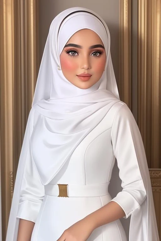 an arab girl wearing white pencil dress and hijab, <lora:hijab:0.6> hij4b, portrait