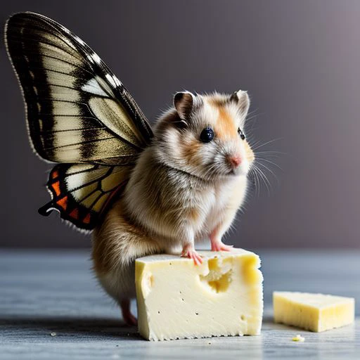 A fluffy Hamster with butterfly wings, morph, sitting on a piece of cheese, hyperrealistic, real photo shoot, 8k