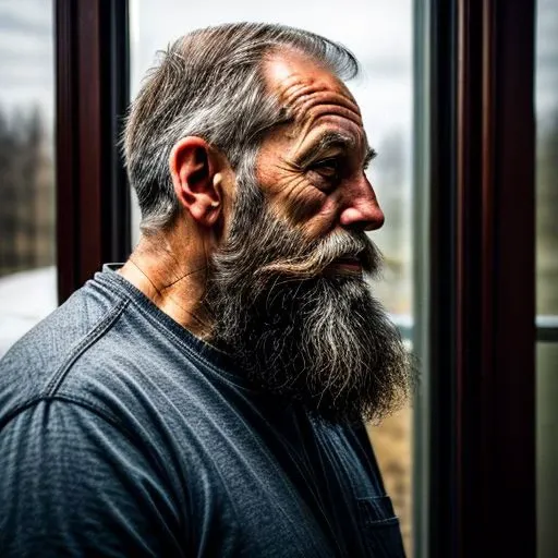 Old Man, beard, happy eyes, looking outside, profile
