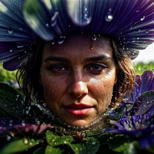 Woman, face in the center of a macro Giant flower, waterdrops, sunlight, photo realistic