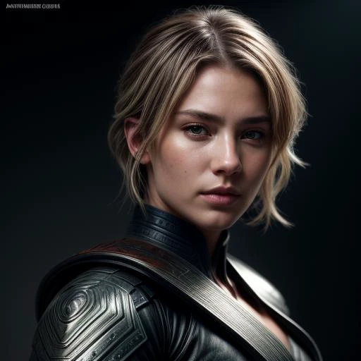 "female nordic ronin", heroine, katana, samurai, head and shoulders portrait, short blonde hair, green eyes, intricately detailed eyes, 8k resolution concept art portrait by greg rutkowski, artgerm, wlop, alphonse mucha dynamic lighting hyperdetailed intricately detailed splash art trending on artstation unreal engine 5 volumetric lighting