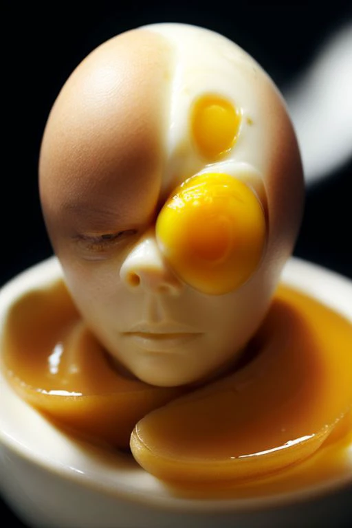Boiled egg with egg yolk looks like a human head, morph, photo realistic