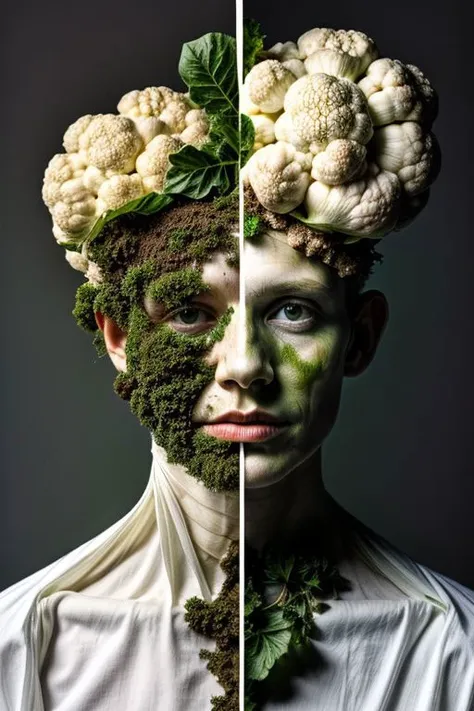 White Cauliflower, human head, neck growing from the soil, green leaves around the neck, morph, glitch, photo realism