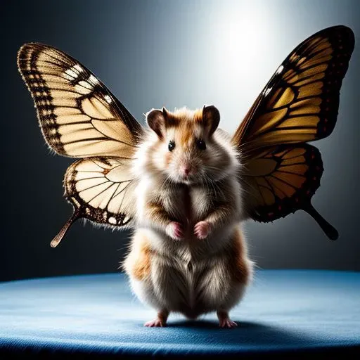 A fluffy Hamster with butterfly wings, morph, hyperrealistic, real photo shoot, 8k