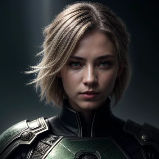 "female nordic ronin", heroine, katana, samurai, head and shoulders portrait, short blonde hair, green eyes, intricately detailed eyes, 8k resolution concept art portrait by greg rutkowski, artgerm, wlop, alphonse mucha dynamic lighting hyperdetailed intricately detailed splash art trending on artstation unreal engine 5 volumetric lighting