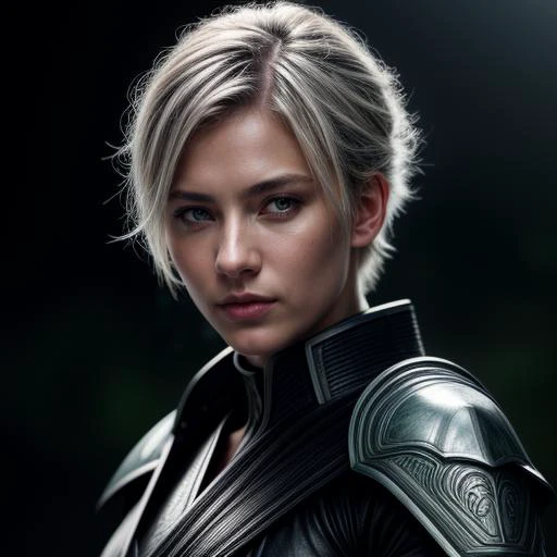 "female nordic ronin", heroine, katana, samurai, head and shoulders portrait, white short hair, intricately detailed hypnotic green eyes, 8k resolution concept art portrait by greg rutkowski, artgerm, wlop, alphonse mucha dynamic lighting hyperdetailed intricately detailed splash art trending on artstation unreal engine 5 volumetric lighting