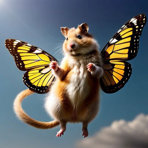 A fluffy Hamster with butterfly wings, morph, hyperrealistic, real photo shoot, 8k