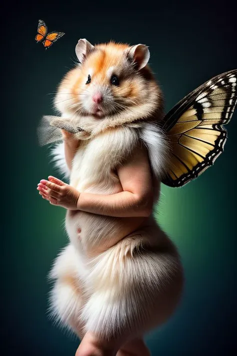 A fluffy Hamster with butterfly wings, morph, hyperrealistic, real photo shoot, 8k